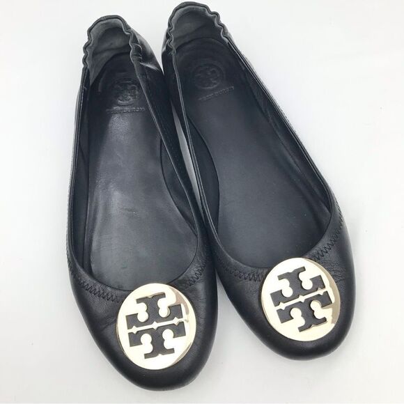 Tory Burch Minnie Travel Black Leather Gold Logo Medallion Soft Ballet Flats - Picture 1 of 16